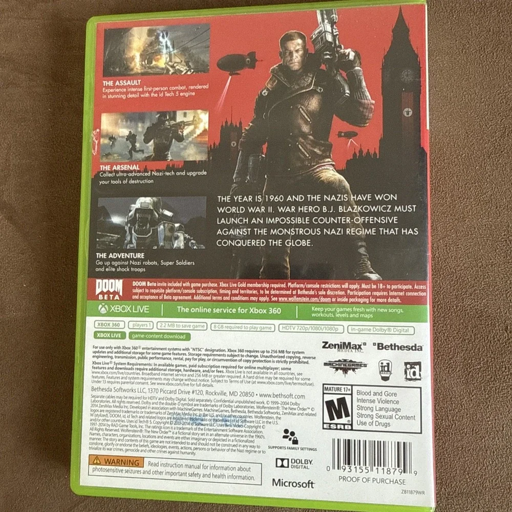 Wolfenstein The New Order Microsoft Xbox 360 CIB Manual 2014 Bethesda